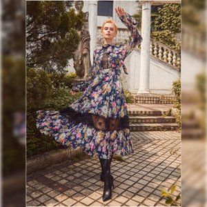 Shein navy floral lace pleated chiffon dress